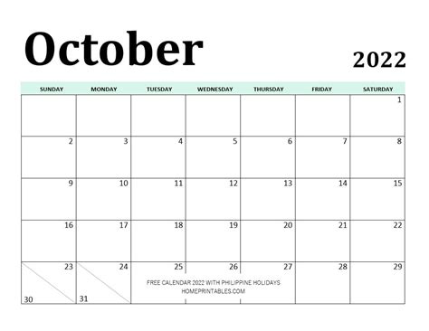 October 2022 Calendar – Philippines .